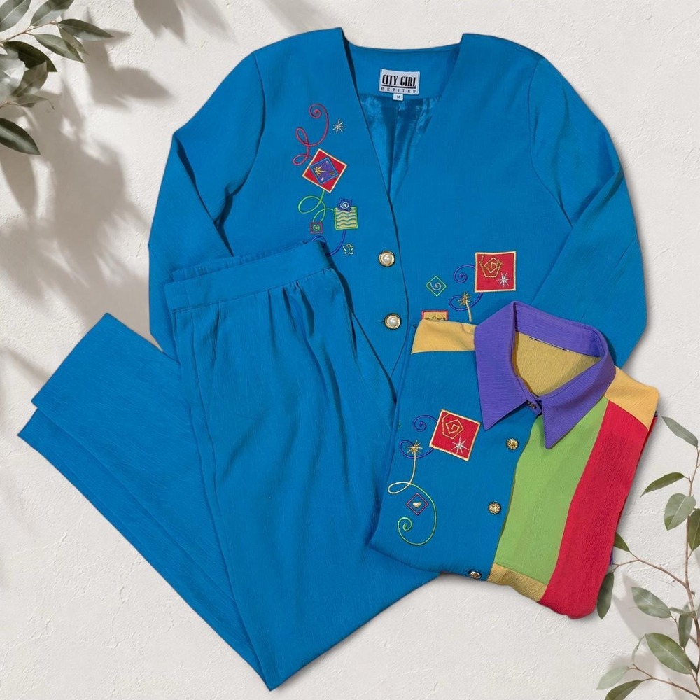 City Girl Vintage 80s 90s Embroidered 3 Piece Pant Suit Set Blue Floral M S
